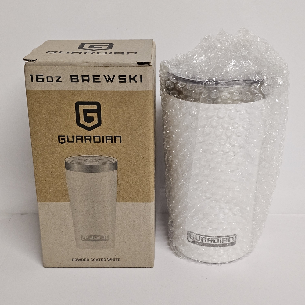 Guardian 16oz Brewski Tumbler Powder Coated White Stainless Steel Cup w/ Box